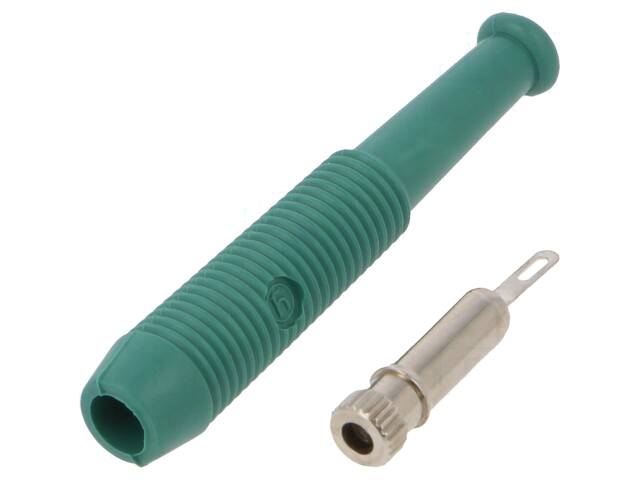 Contact; banaanstekker 2mm; 6A; 60VDC; Tot.l: 39mm; groen; Ø: 2mm Contact; banaanstekker 2mm; 6A; 60VDC; Tot.l: 39mm; groen; Ø: 2mm